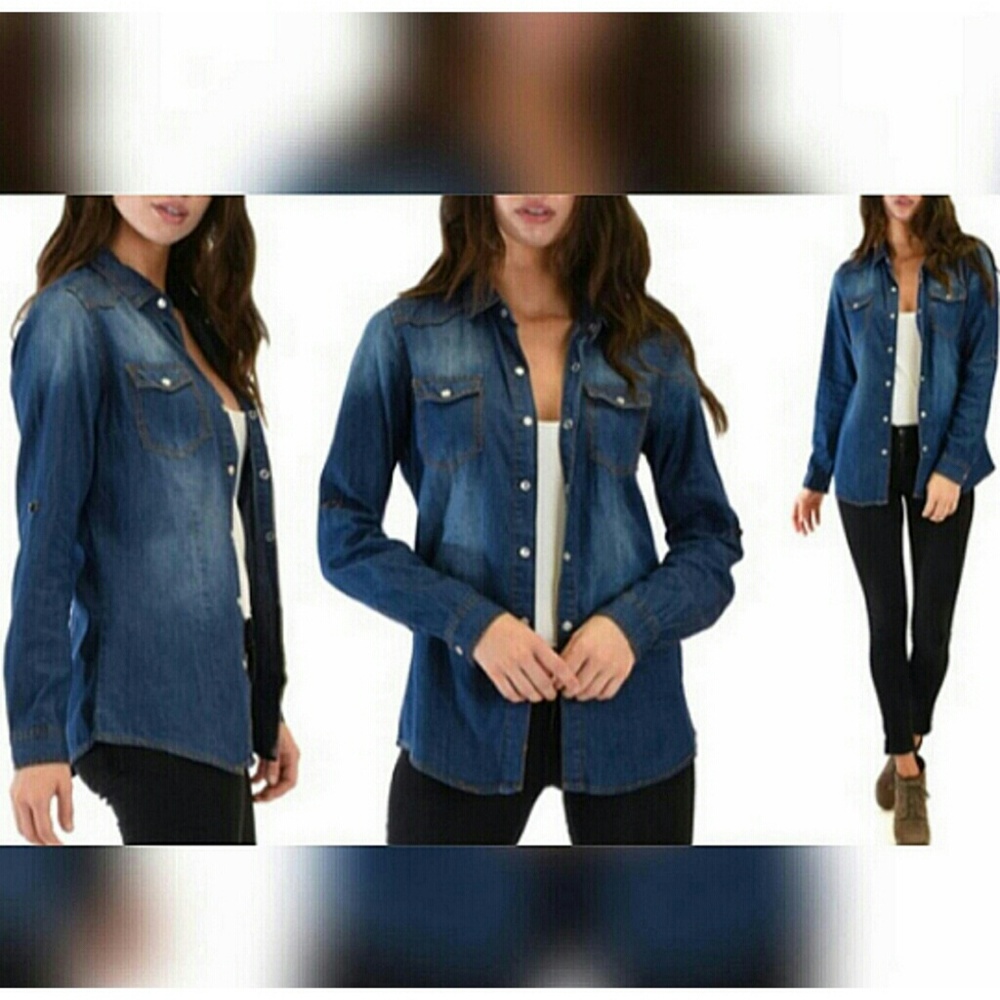J W Signature Dark Wash Denim Chambray Shirt